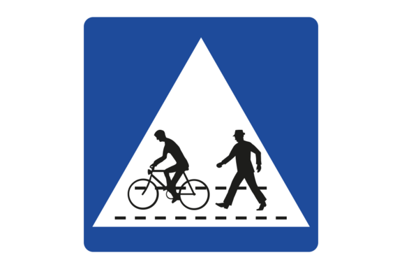 Radfahrer und Fußgänger auf einem Hinweiszeichen