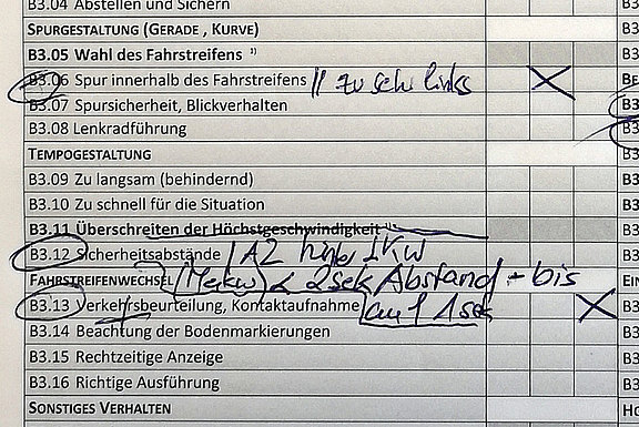 Fahrfehler, Eintragung im Prüfungsprotokoll