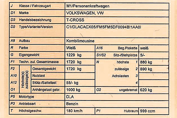 Zulassungsbescheinigung des VW T-Cross